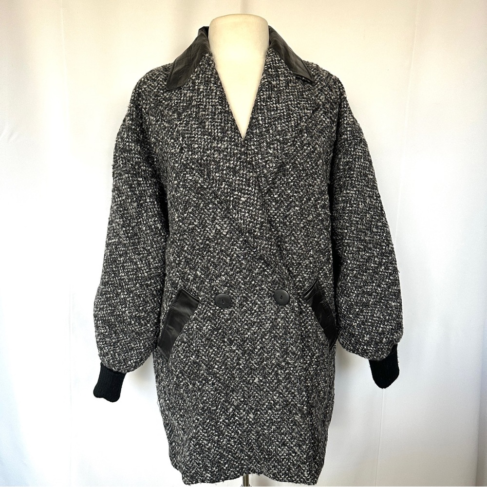 VTG 90s BOUCLE TWEED OVERSIZED DOLMAN SLEEVE MID-LENGTH LEATHER TRIM COAT SzL